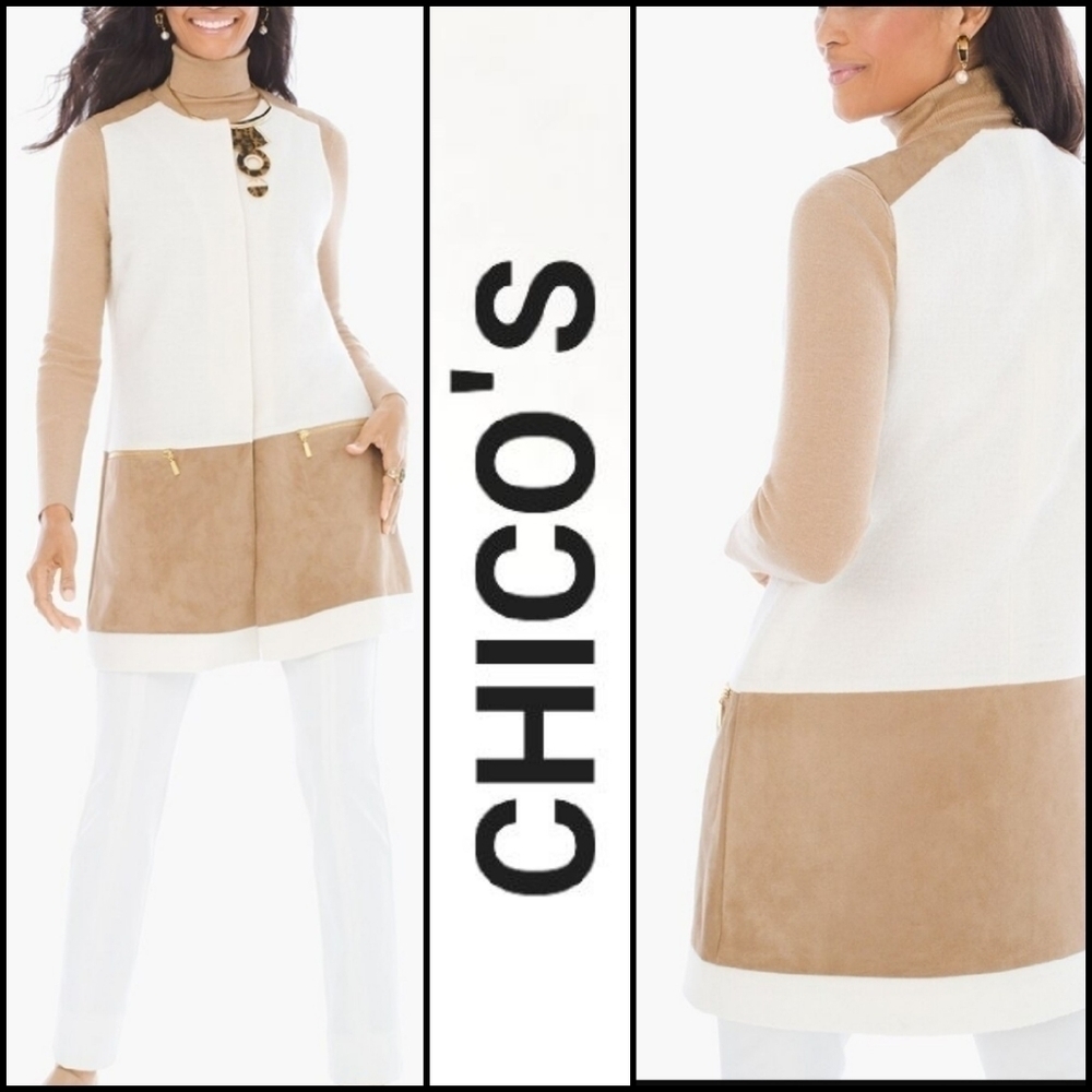 𝅺NEW! CHICO'S Mixed Fabric Wool Colorblock Mid Length  Vest.